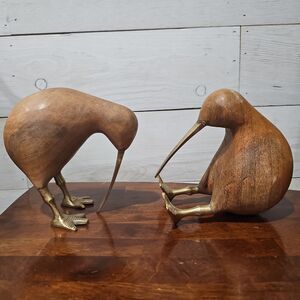Set of 2 Crate & Barrel Natural Mango Wood & Brass Kiwi Bird Figurines MCM Decor